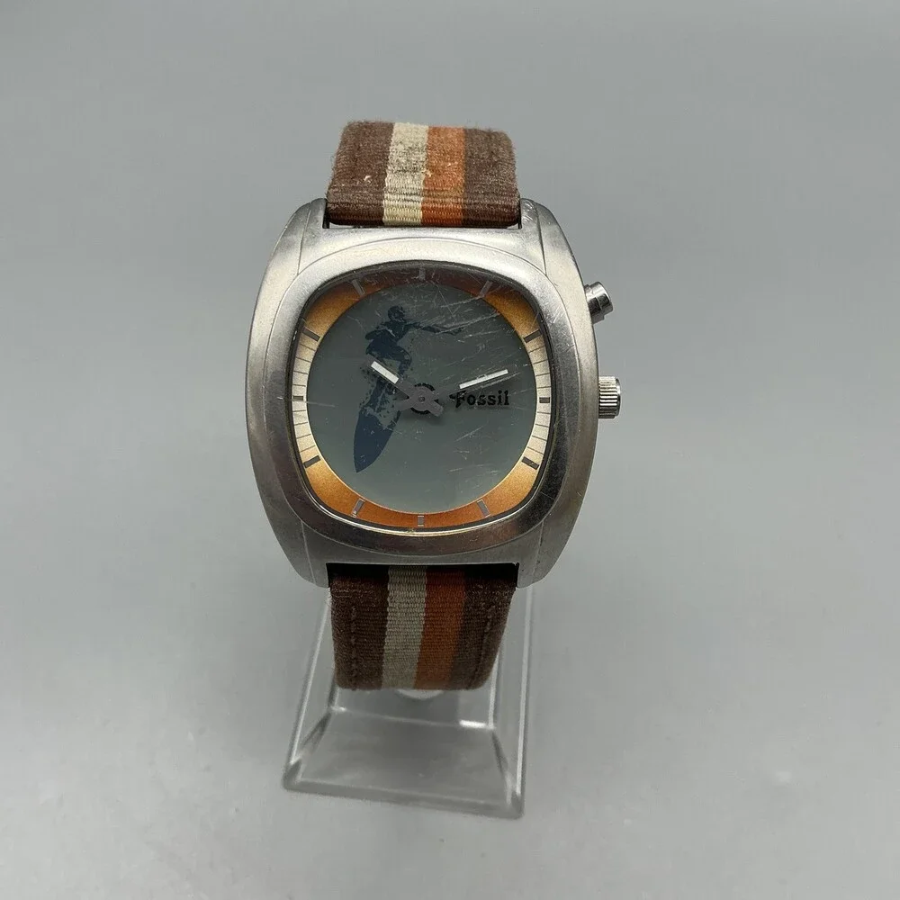 Fossil Big Tic JR8299 Mens Watch 33mm Surfing Animation Leather New Battery